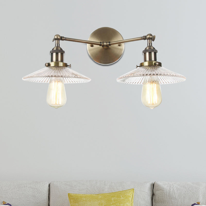 Saucer Clear Ribbed Glass Wall Sconce Light Warehouse 2 Lights Indoor Lighting Fixture in Bronze/Brass/Chrome