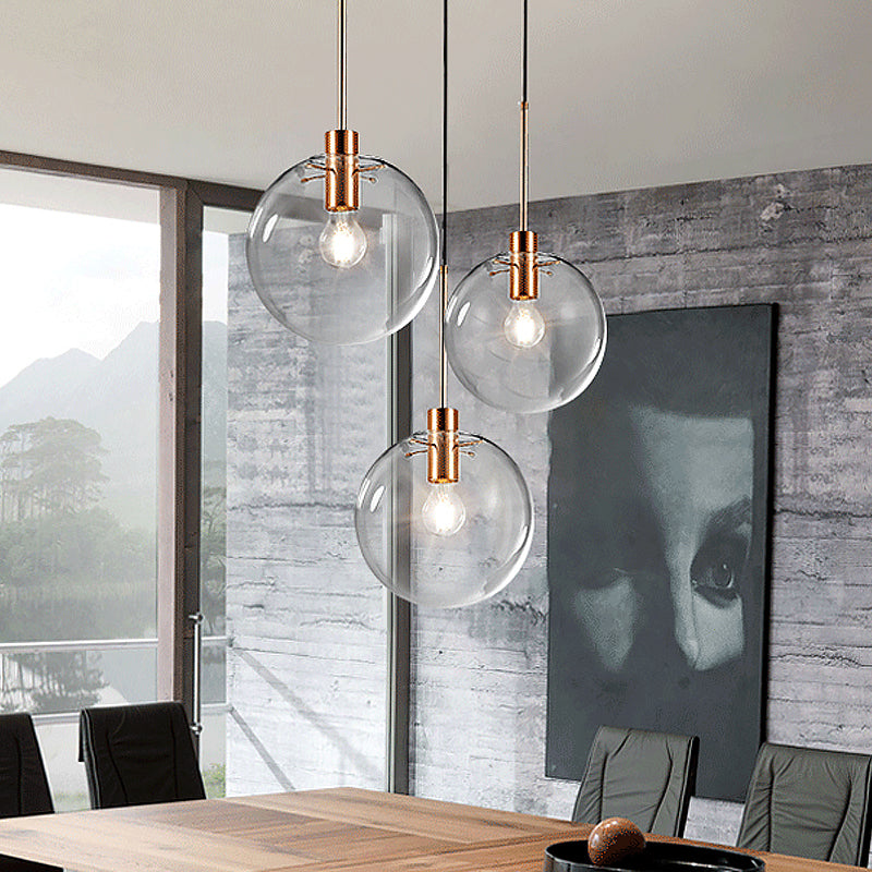 Rose Gold Round Cluster Pendant Light Minimalist 3-Bulb Clear Glass Ceiling Hang Fixture