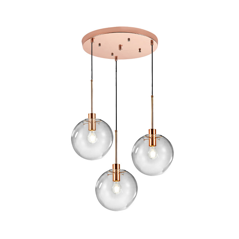 Rose Gold Round Cluster Pendant Light Minimalist 3-Bulb Clear Glass Ceiling Hang Fixture