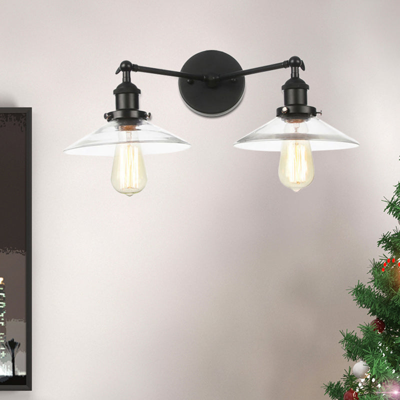 2 Light Living Room Wall Lighting Vintage Black/Brass/Bronze Sconce Light with Saucer Clear Glass Shade