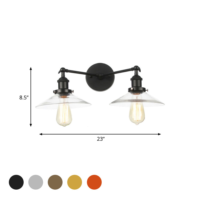 2 Light Living Room Wall Lighting Vintage Black/Brass/Bronze Sconce Light with Saucer Clear Glass Shade