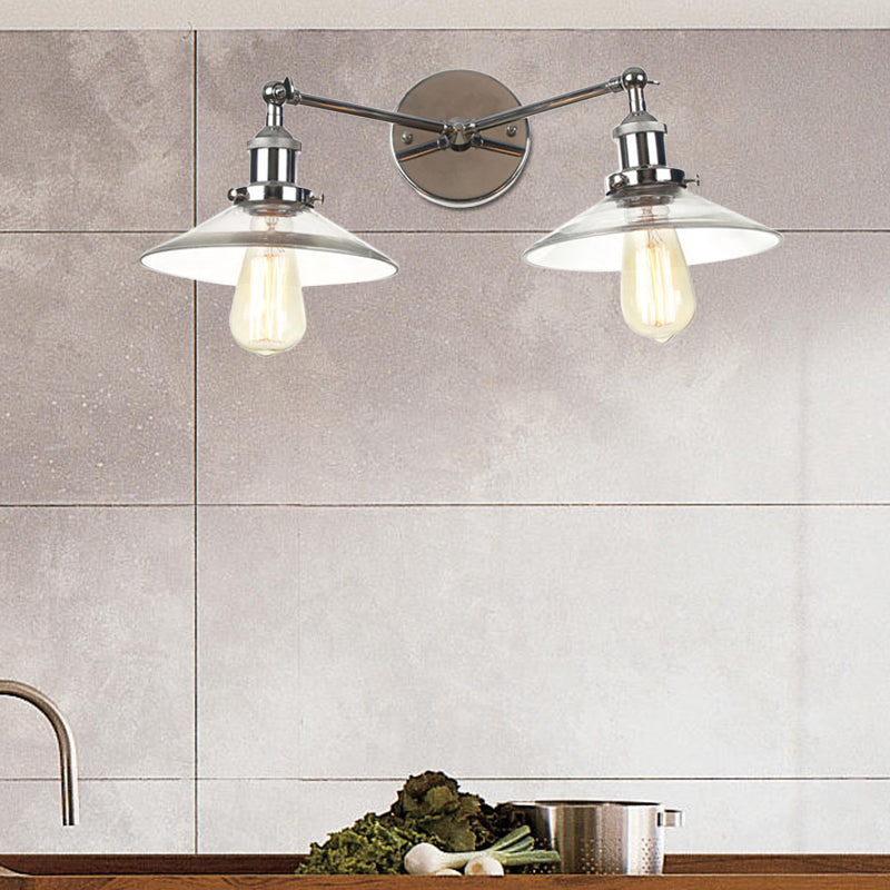 2 Light Living Room Wall Lighting Vintage Black/Brass/Bronze Sconce Light with Saucer Clear Glass Shade