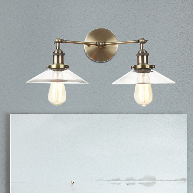2 Light Living Room Wall Lighting Vintage Black/Brass/Bronze Sconce Light with Saucer Clear Glass Shade