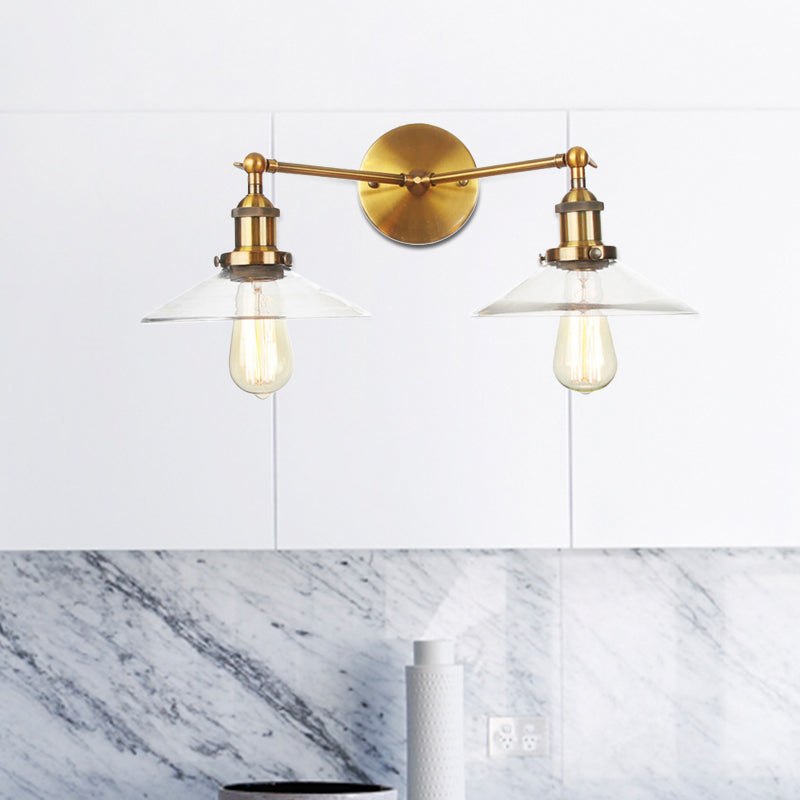 2 Light Living Room Wall Lighting Vintage Black/Brass/Bronze Sconce Light with Saucer Clear Glass Shade