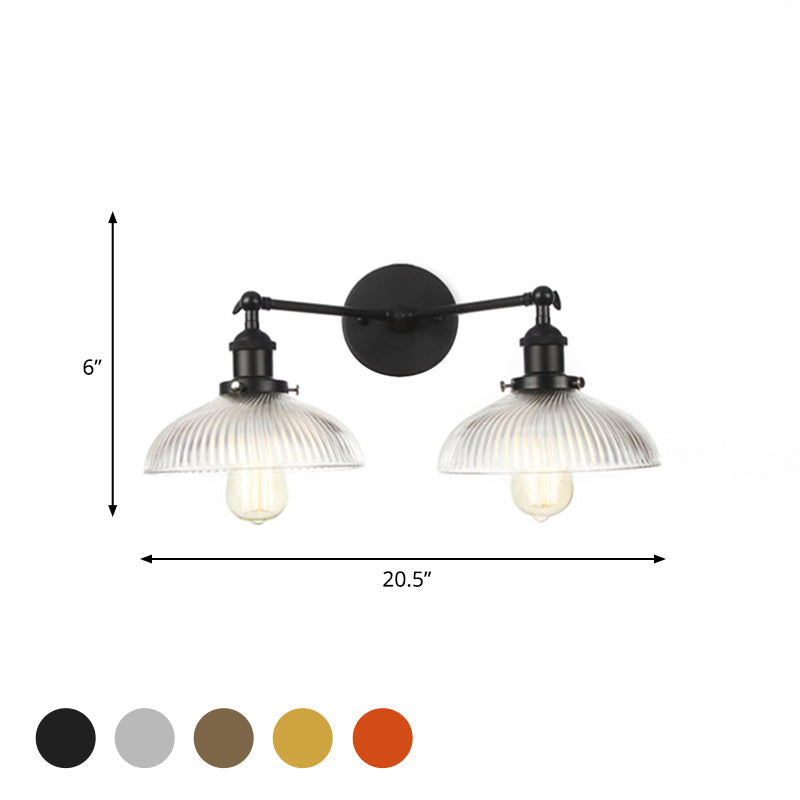 Domed Living Room Wall Light Industrial Clear Ribbed Glass 2 Lights Bronze/Brass/Copper Sconce Lamp