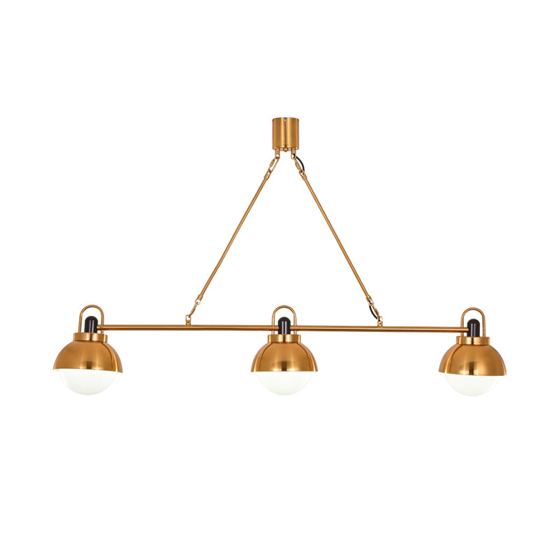 Brass Linear Chandelier Pendant Light Modernist 3 Bulbs Metallic Hanging Lamp Kit with Orb Opal Glass Shade
