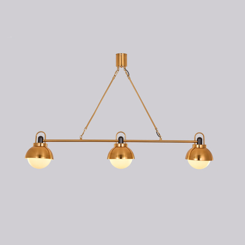 Brass Linear Chandelier Pendant Light Modernist 3 Bulbs Metallic Hanging Lamp Kit with Orb Opal Glass Shade