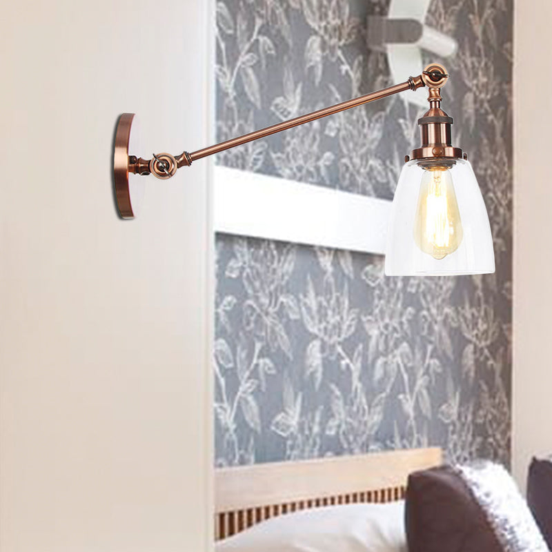 Black/Bronze/Brass 1 Light Wall Light Fixture Industrial Style Clear Glass Tapered Sconce with Arm, 8"/12" L