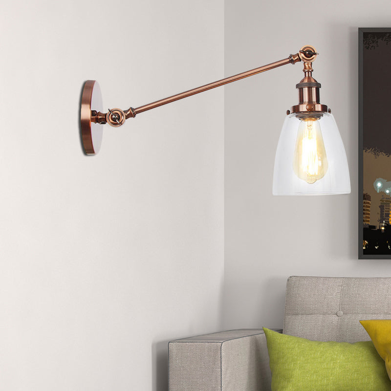 Black/Bronze/Brass 1 Light Wall Light Fixture Industrial Style Clear Glass Tapered Sconce with Arm, 8"/12" L