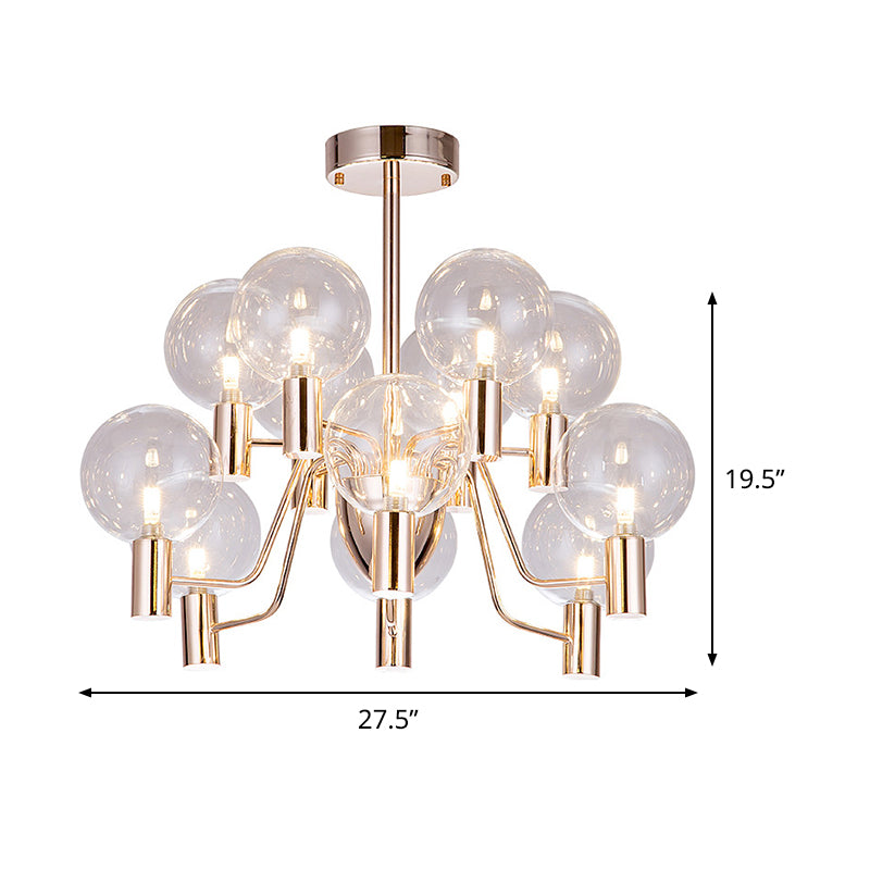 12 Bulbs Living Room Chandelier Minimalist Gold Suspended Pendant Light with Pendulum Clear Glass Shade