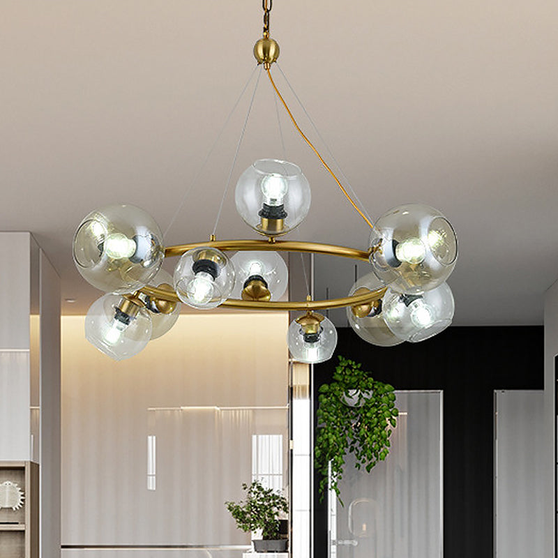 Contemporary 12 Lights Pendant with Clear Glass Shade Brass Round Hanging Ceiling Lamp
