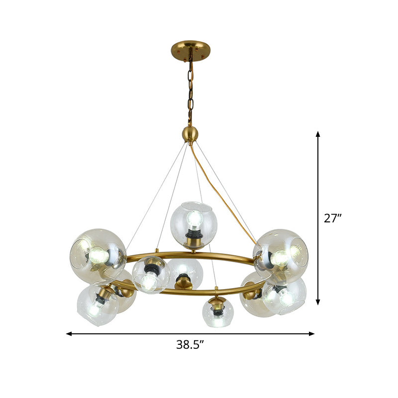 Contemporary 12 Lights Pendant with Clear Glass Shade Brass Round Hanging Ceiling Lamp