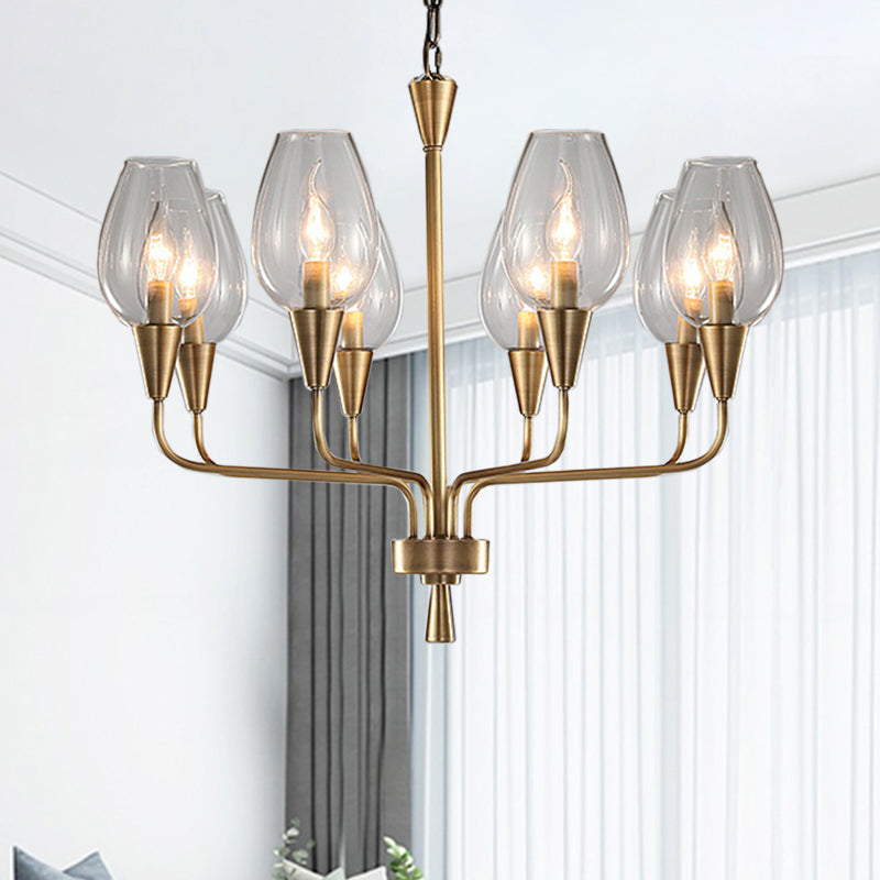 Clear Glass Cup Hanging Lighting Modernism 8-Head Pendant Chandelier in Brass with Curved Arm