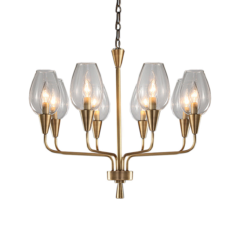 Clear Glass Cup Hanging Lighting Modernism 8-Head Pendant Chandelier in Brass with Curved Arm