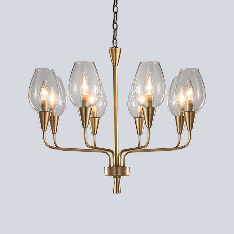 Clear Glass Cup Hanging Lighting Modernism 8-Head Pendant Chandelier in Brass with Curved Arm