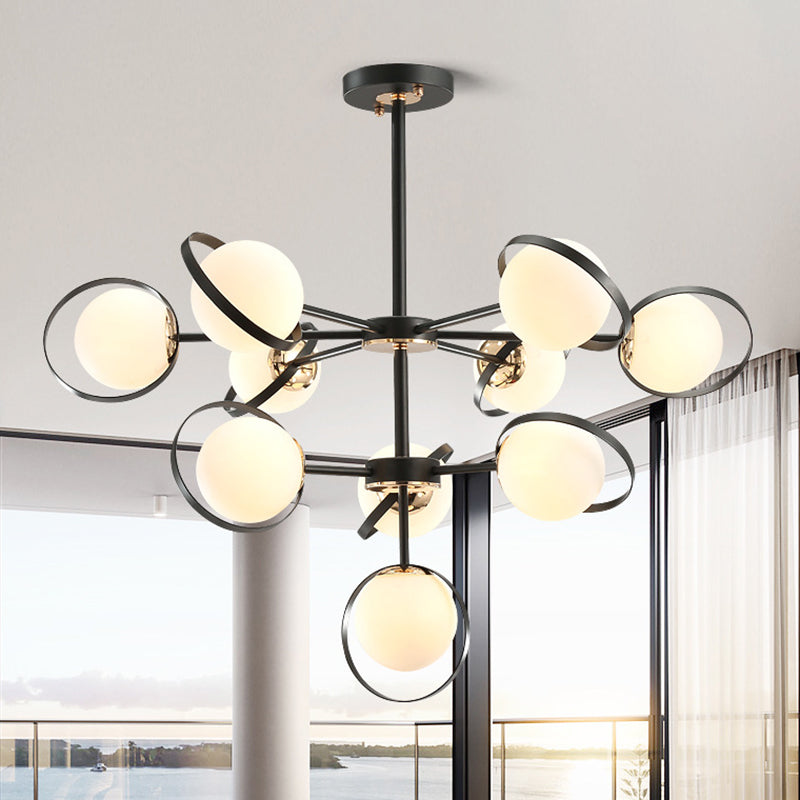 Opal Glass a 3 livelli Modo a pendente illuminazione moderno lampadario appeso a 10 teste in nero con dettagli ad anello