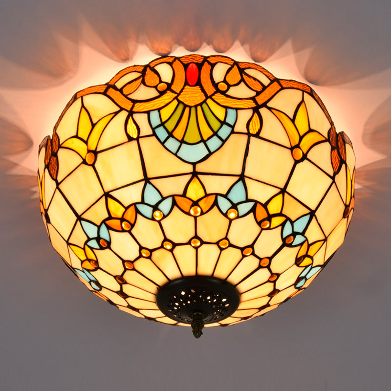 3 Lights Ceiling Fixture Tiffany Style Glass Flush Mount Lamp