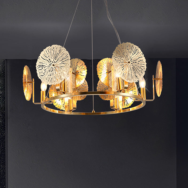 Post Modern Lotus Leaf Chandelier Metal 6 Lights Living Room Hanging Light in Brass with Ring Design