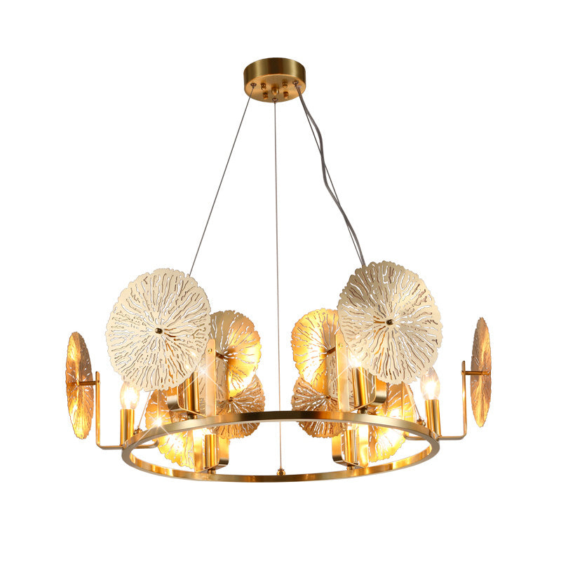 Post Modern Lotus Leaf Chandelier Metal 6 Lights Living Room Hanging Light in Brass with Ring Design