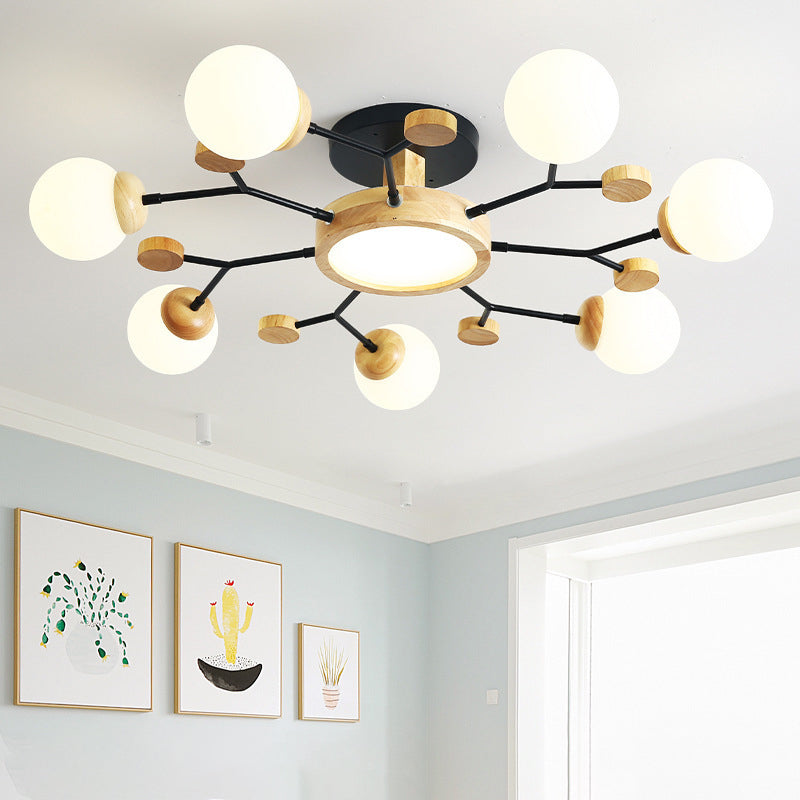 Nordic Solid Wood Ceiling Light White Glass Modos Semi Flush Light for Living Room