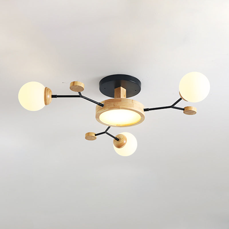 Nordic Solid Wood Ceiling Light White Glass Modos Semi Flush Light for Living Room