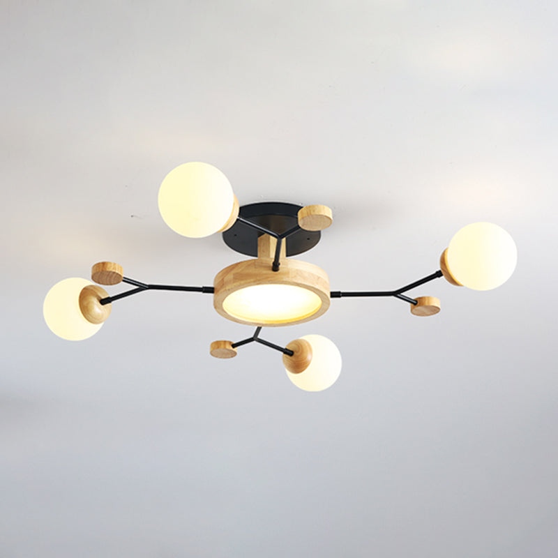 Nordic Solid Wood Ceiling Light White Glass Modos Semi Flush Light for Living Room