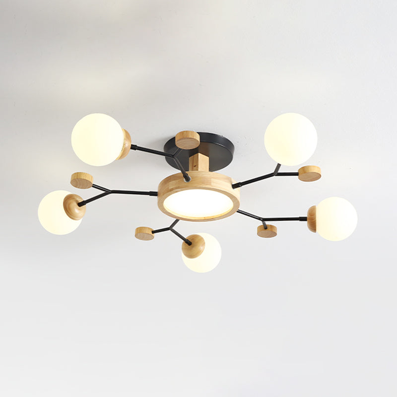Nordic Solid Wood Ceiling Light White Glass Modos Semi Flush Light for Living Room