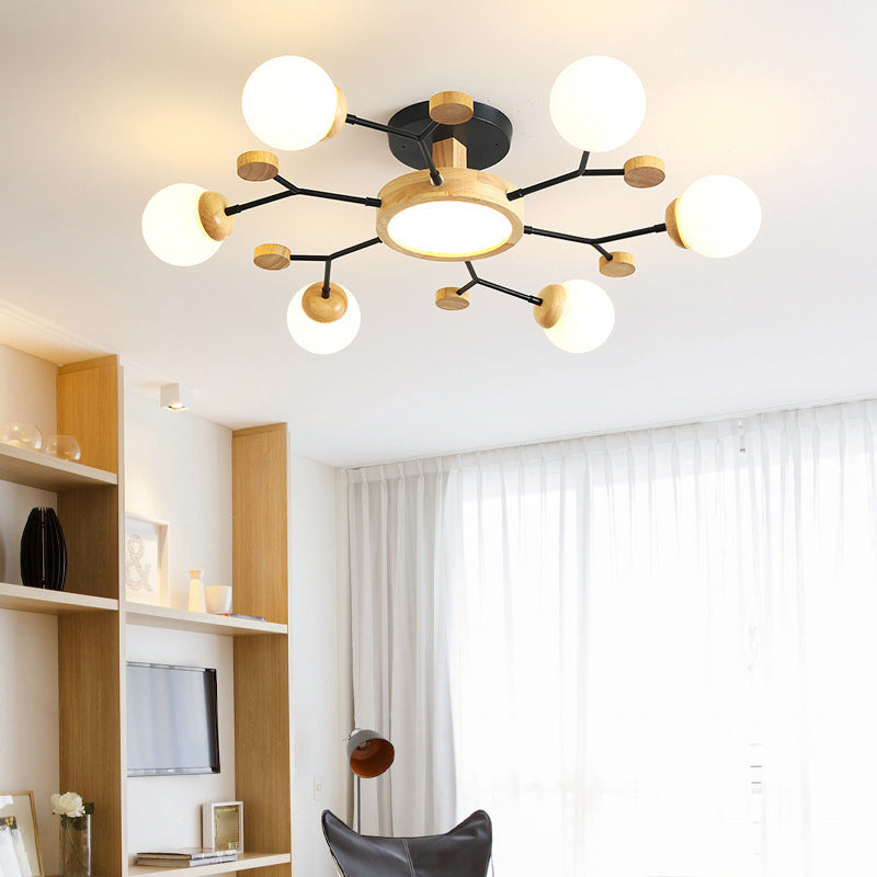 Nordic Solid Wood Ceiling Light White Glass Modos Semi Flush Light for Living Room