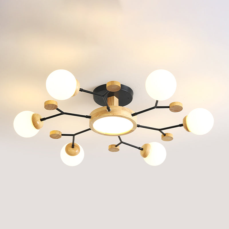 Nordic Solid Wood Ceiling Light White Glass Modos Semi Flush Light for Living Room