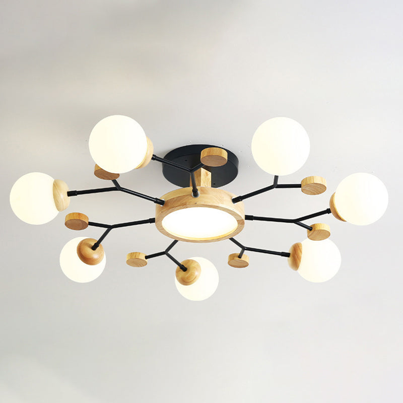 Nordic Solid Wood Ceiling Light White Glass Modos Semi Flush Light for Living Room