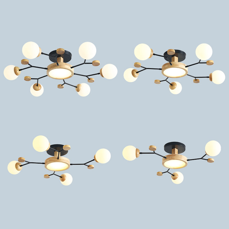 Nordic Solid Wood Ceiling Light White Glass Modos Semi Flush Light for Living Room