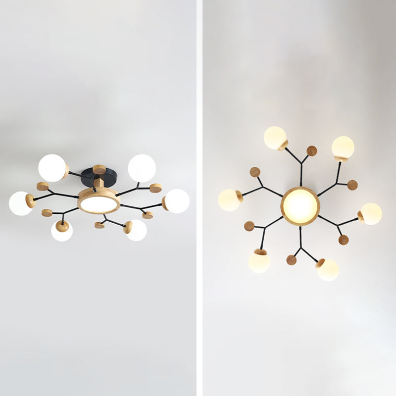 Nordic Solid Wood Ceiling Light White Glass Modos Semi Flush Light for Living Room