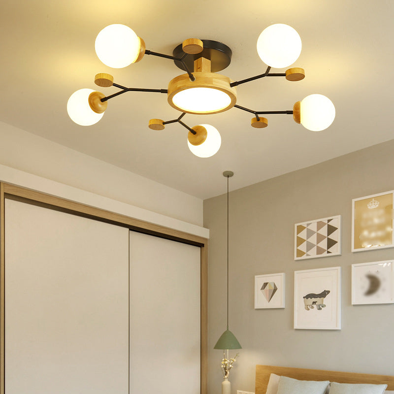 Nordic Solid Wood Ceiling Light White Glass Modos Semi Flush Light for Living Room