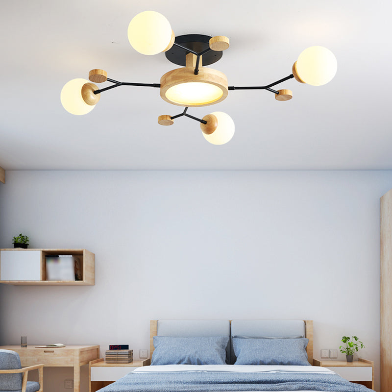 Nordic Solid Wood Ceiling Light White Glass Modos Semi Flush Light for Living Room