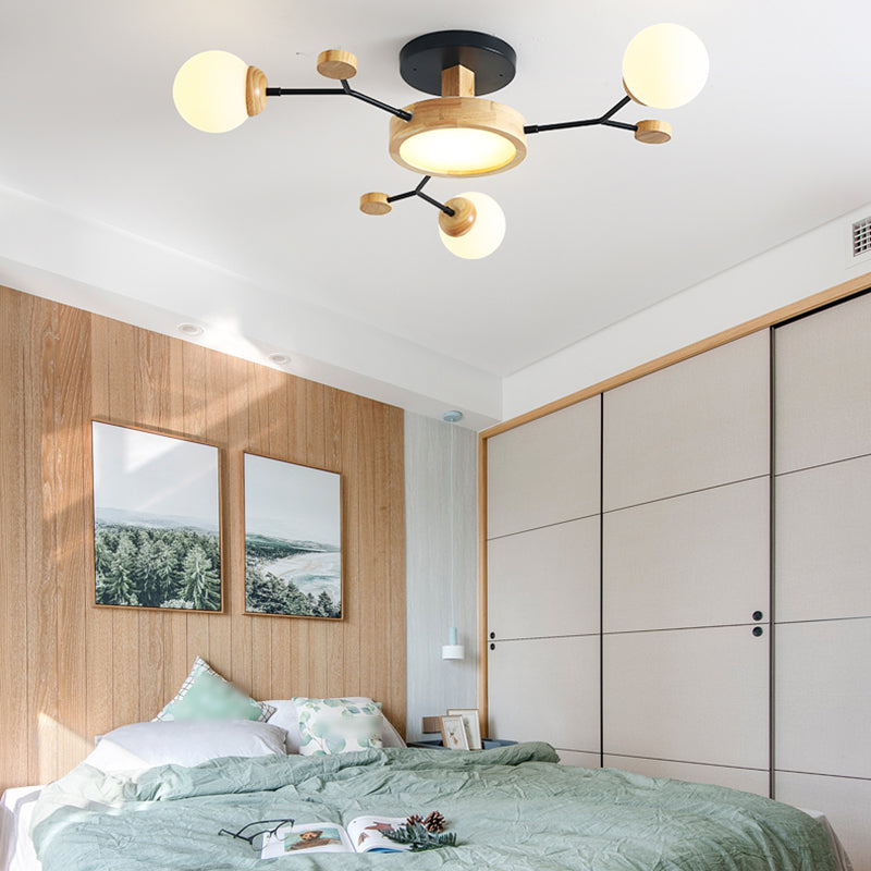 Nordic Solid Wood Ceiling Light White Glass Modos Semi Flush Light for Living Room