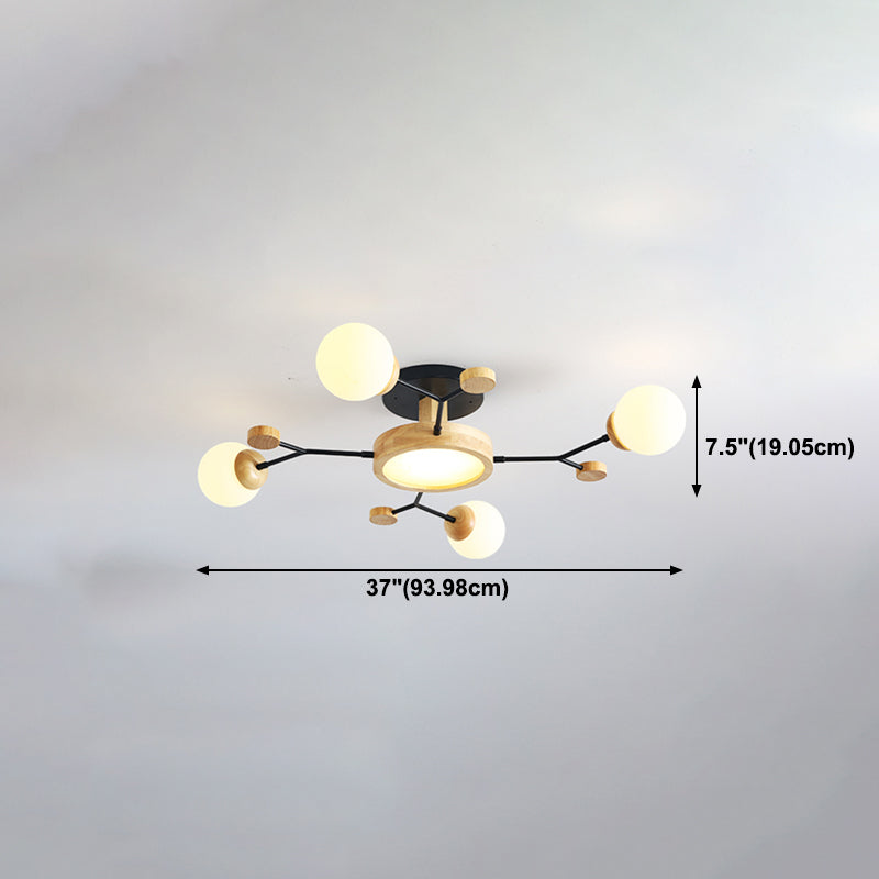 Nordic Solid Wood Ceiling Light White Glass Modos Semi Flush Light for Living Room