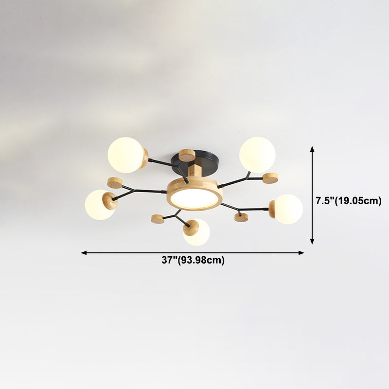 Nordic Solid Wood Ceiling Light White Glass Modos Semi Flush Light for Living Room