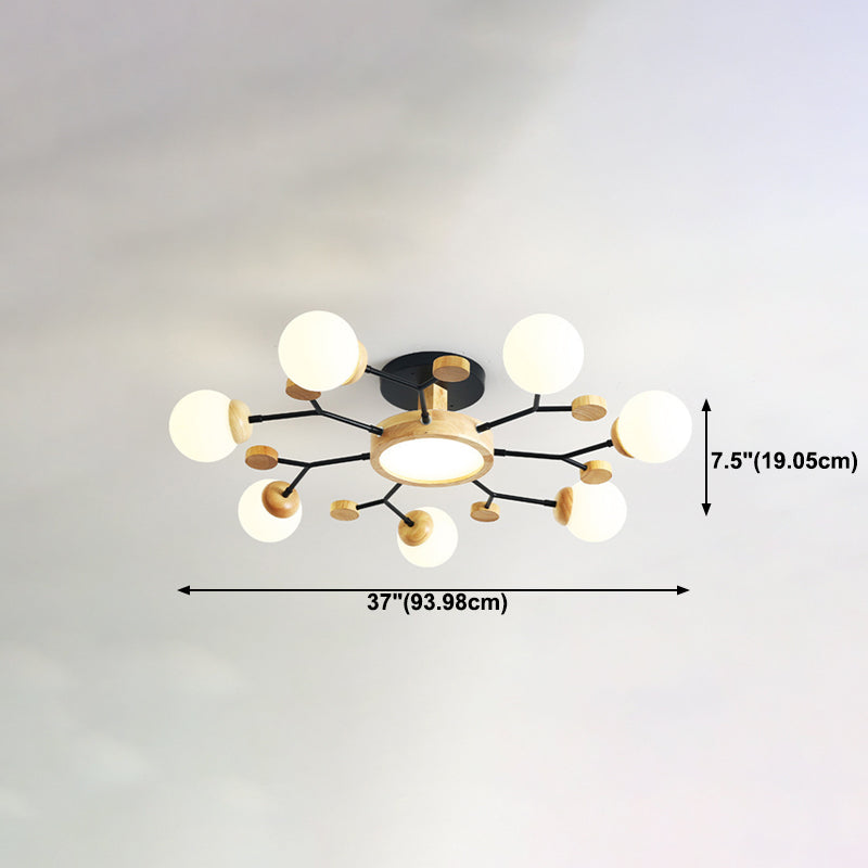 Nordic Solid Wood Ceiling Light White Glass Modos Semi Flush Light for Living Room