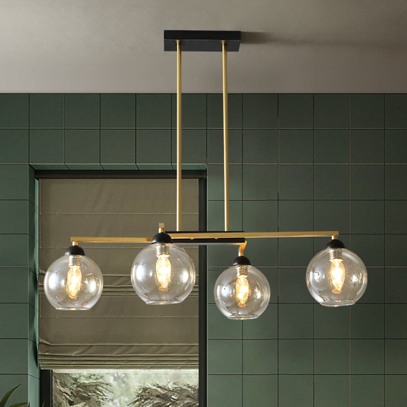 Linear Dining Room Down Lighting Metal 4-Light Simple Chandelier in Brass with Globe Clear Glass Shade