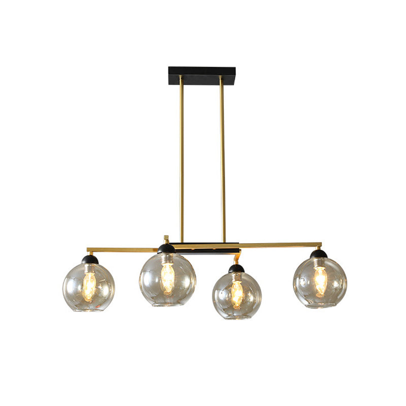 Linear Dining Room Down Lighting Metal 4-Light Simple Chandelier in Brass with Globe Clear Glass Shade