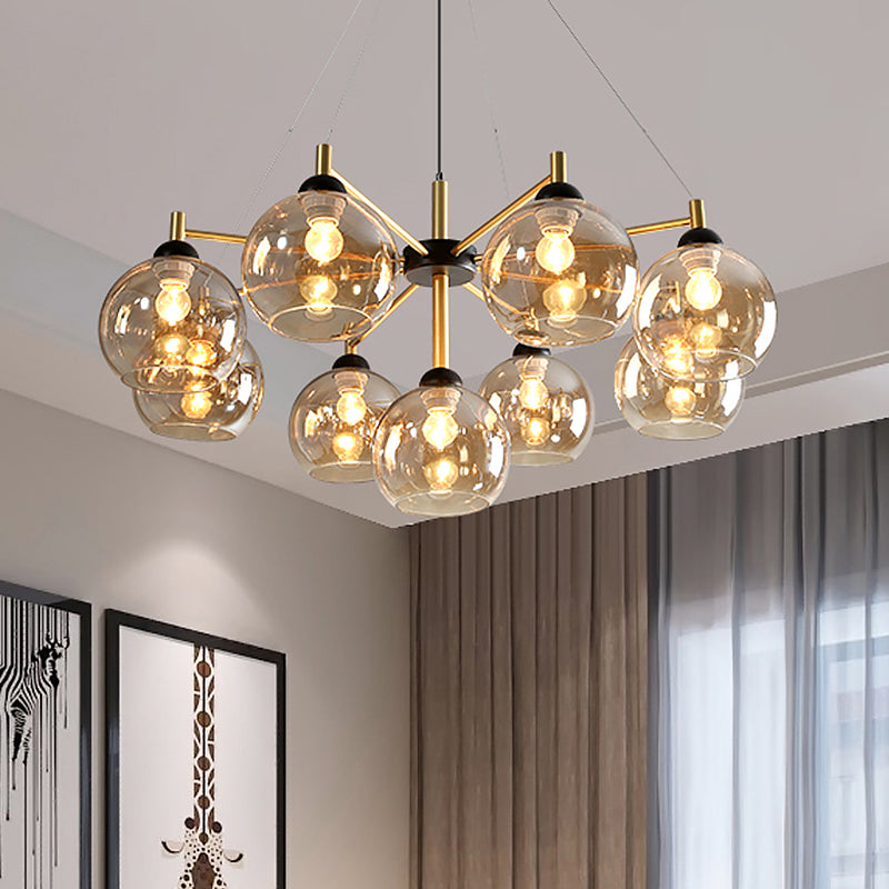 Post-Modern Globe Chandelier Lighting Amber Glass 9 Bulbs Living Room Ceiling Hang Fixture in Brass