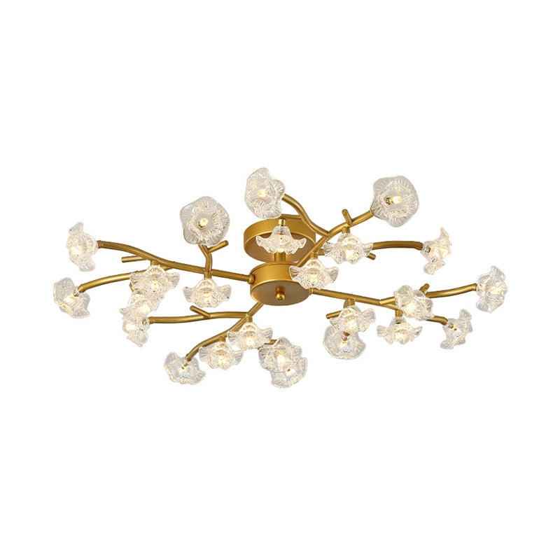 Floral Semi Flushmount Lighting Contemporary Metallic 24-Light Bedroom Flush Ceiling Lamp in Brass