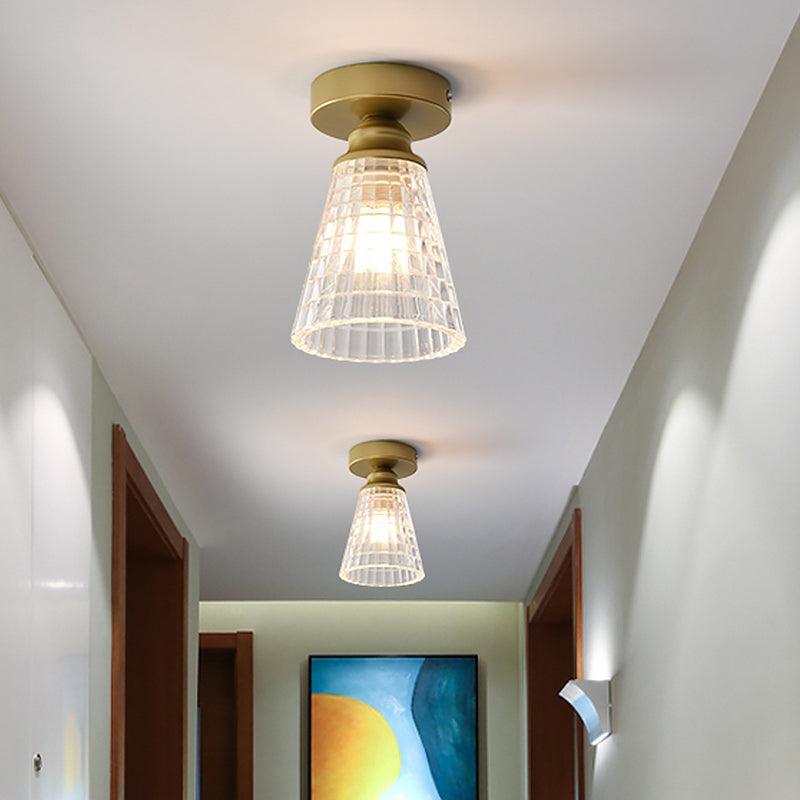 Cone Corridor Flushmount Lighting Clear Lattice Glass 1 Bulb Modernism Flush Mount Lamp in Brass