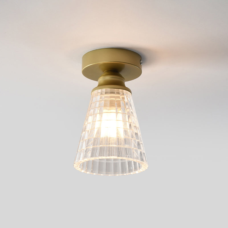 Cone Corridor Flushmount Lighting Clear Lattice Glass 1 Bulb Modernism Flush Mount Lamp in Brass