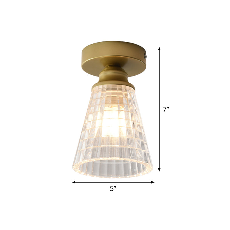 Cone Corridor Flushmount Lighting Clear Lattice Glass 1 Bulb Modernism Flush Mount Lamp in Brass