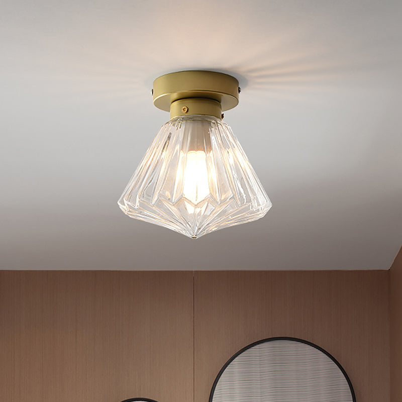 1-Light Bedroom Flush Mount Light Post Modern Brass Flush Lamp with Diamond Clear Prismatic Glass Shade