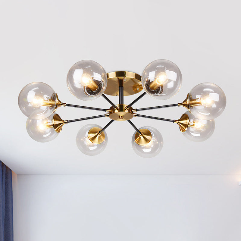 8 Heads Living Room Semi Flush Mount Modernism Brass Flush Light Fixture with Ball Clear Glass Shade