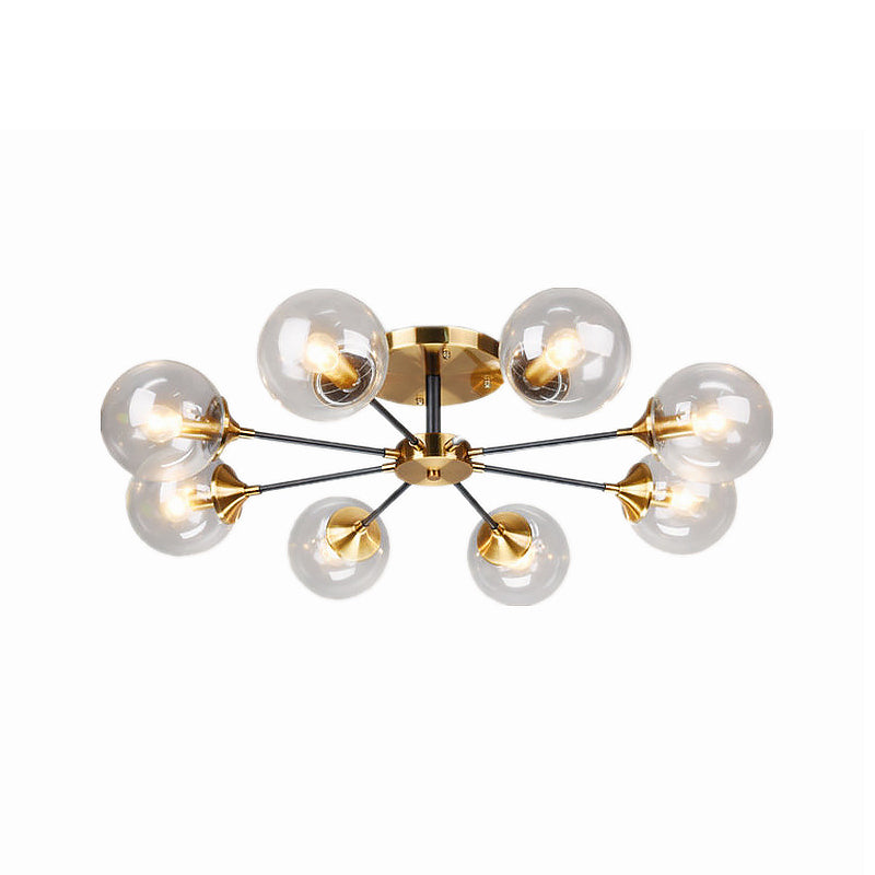 8 Heads Living Room Semi Flush Mount Modernism Brass Flush Light Fixture with Ball Clear Glass Shade