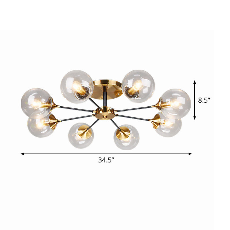 8 Heads Living Room Semi Flush Mount Modernism Brass Flush Light Fixture with Ball Clear Glass Shade