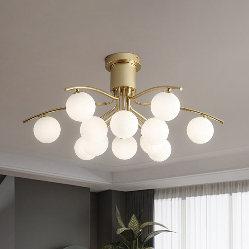 Post-Modern Modo Flush Mount White Glass 12-Head Living Room LED Semi Close to Ceiling Lamp in Brass
